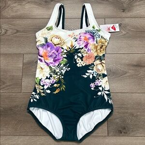 Land's End Floral One Piece‎ Soft Cup Swimsuit Green Purple Size 12